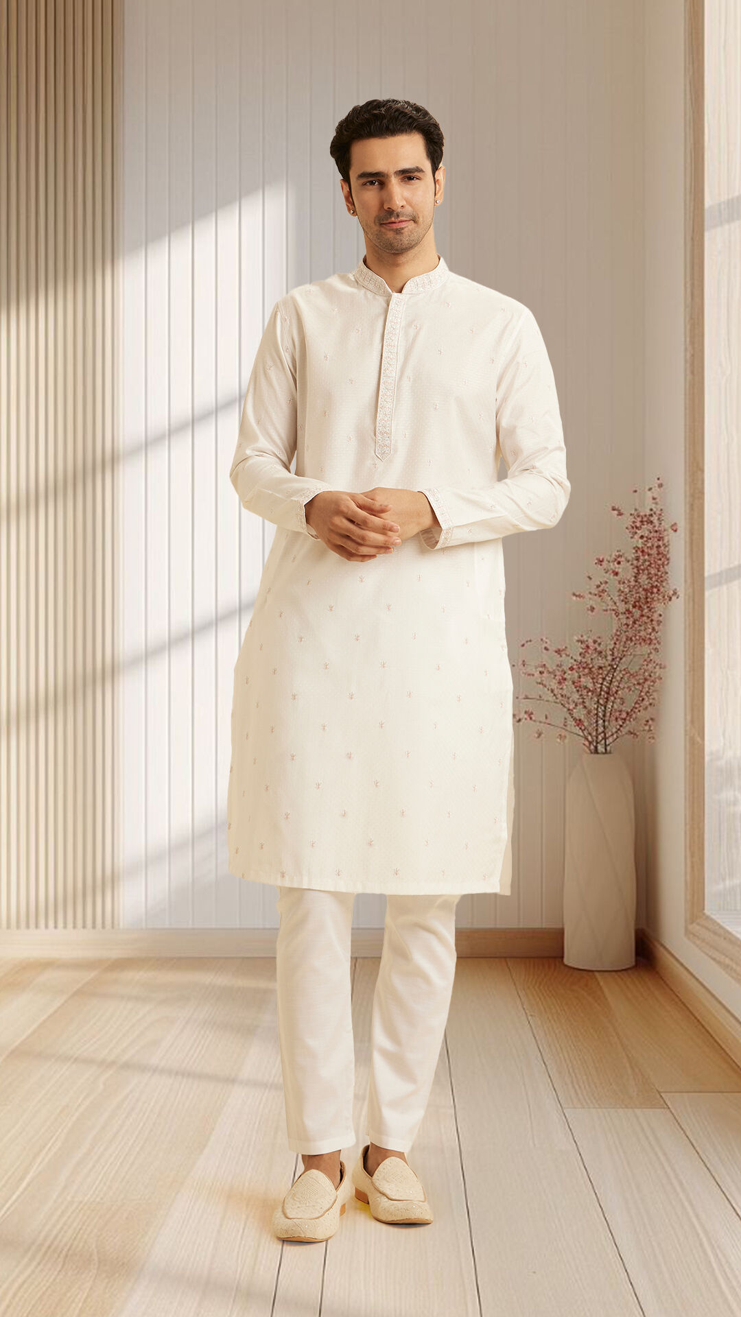 Man in white kurta pajama and cream juttis standing indoors, showcasing timeless Indian ethnic style